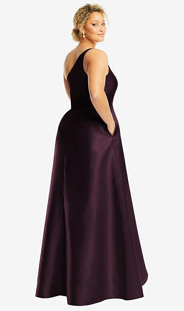 Back View - Deep Plum One-Shoulder Satin Gown with Draped Front Slit and Pockets