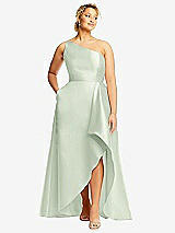 Front View Thumbnail - Mint Green One-Shoulder Satin Gown with Draped Front Slit and Pockets