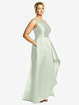 Side View Thumbnail - Mint Green One-Shoulder Satin Gown with Draped Front Slit and Pockets