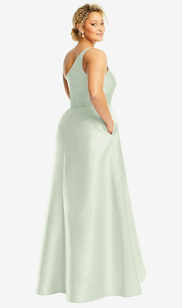Back View - Mint Green One-Shoulder Satin Gown with Draped Front Slit and Pockets