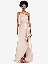 Alt View 1 Thumbnail - Blush One-Shoulder Satin Gown with Draped Front Slit and Pockets