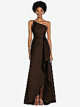Alt View 1 Thumbnail - Espresso One-Shoulder Satin Gown with Draped Front Slit and Pockets
