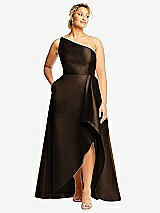 Front View Thumbnail - Espresso One-Shoulder Satin Gown with Draped Front Slit and Pockets