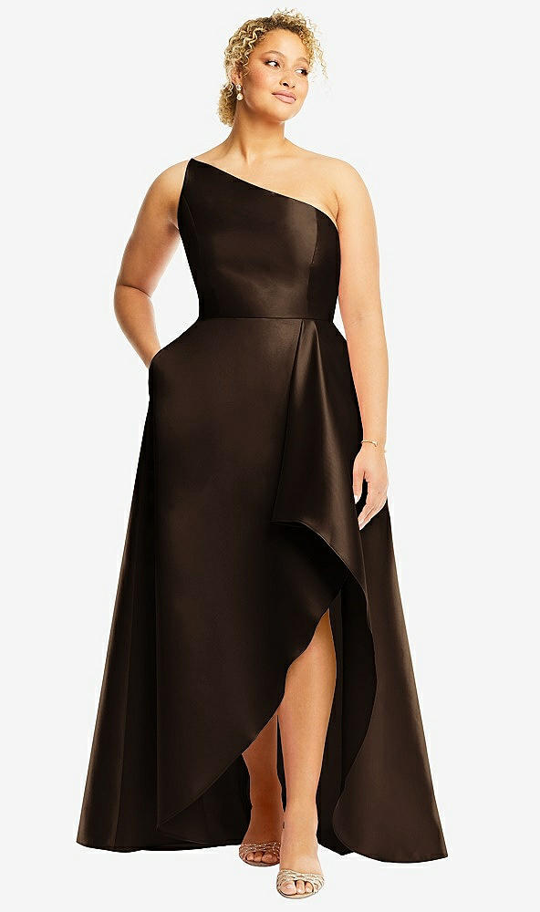 Front View - Espresso One-Shoulder Satin Gown with Draped Front Slit and Pockets