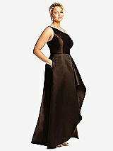 Side View Thumbnail - Espresso One-Shoulder Satin Gown with Draped Front Slit and Pockets