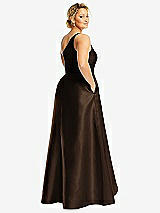 Rear View Thumbnail - Espresso One-Shoulder Satin Gown with Draped Front Slit and Pockets