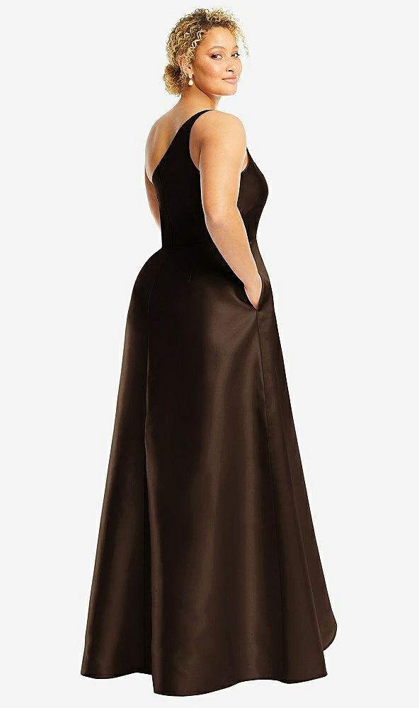Back View - Espresso One-Shoulder Satin Gown with Draped Front Slit and Pockets
