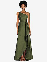 Alt View 1 Thumbnail - Olive Green One-Shoulder Satin Gown with Draped Front Slit and Pockets