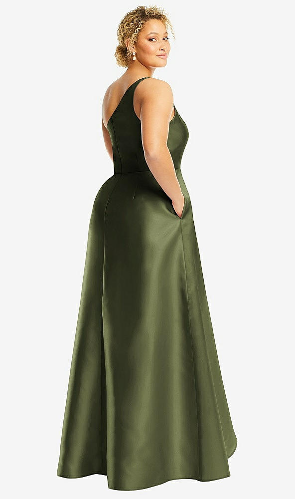 Back View - Olive Green One-Shoulder Satin Gown with Draped Front Slit and Pockets