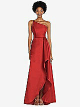 Alt View 1 Thumbnail - Poppy Red One-Shoulder Satin Gown with Draped Front Slit and Pockets