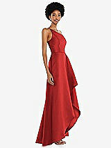 Alt View 2 Thumbnail - Poppy Red One-Shoulder Satin Gown with Draped Front Slit and Pockets