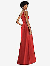 Alt View 3 Thumbnail - Poppy Red One-Shoulder Satin Gown with Draped Front Slit and Pockets