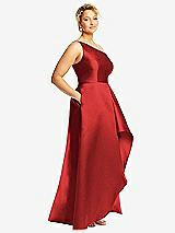 Side View Thumbnail - Poppy Red One-Shoulder Satin Gown with Draped Front Slit and Pockets