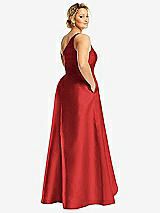 Rear View Thumbnail - Poppy Red One-Shoulder Satin Gown with Draped Front Slit and Pockets