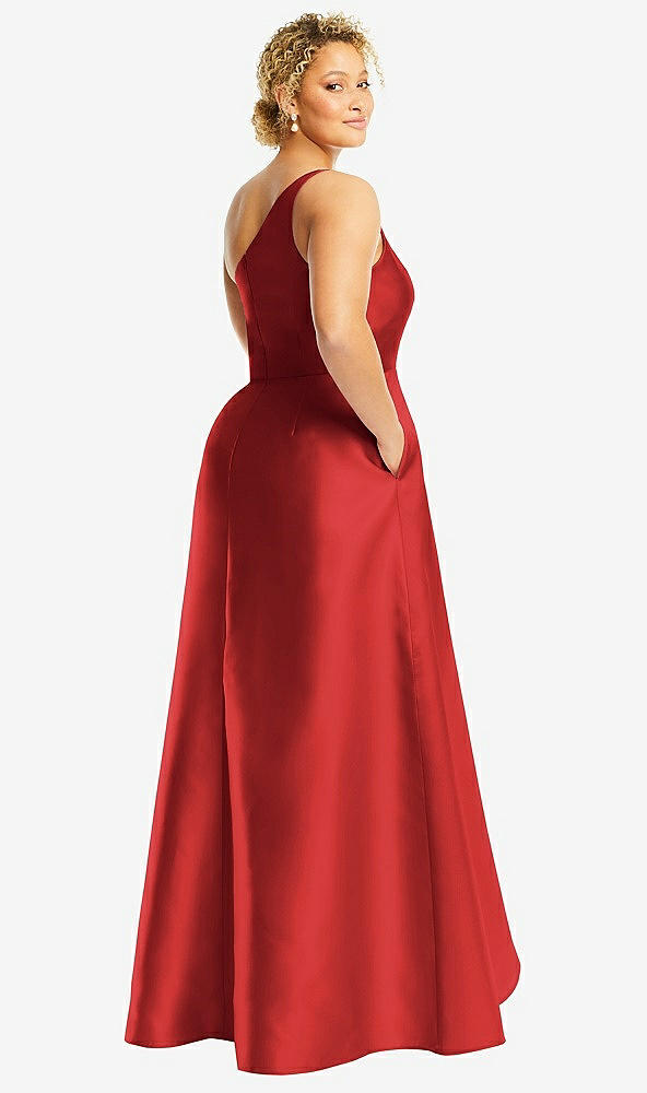 Back View - Poppy Red One-Shoulder Satin Gown with Draped Front Slit and Pockets