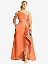 Front View Thumbnail - Portofino Orange One-Shoulder Satin Gown with Draped Front Slit and Pockets