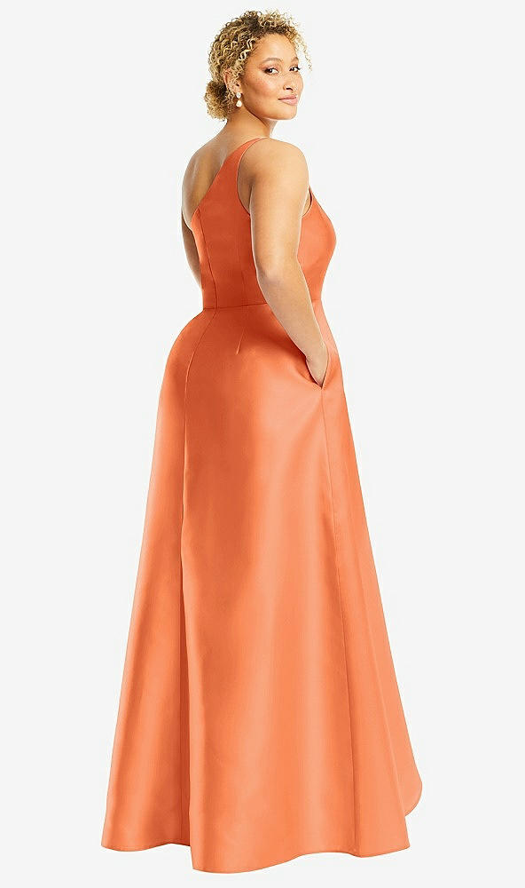 Back View - Portofino Orange One-Shoulder Satin Gown with Draped Front Slit and Pockets
