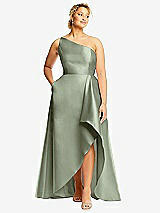 Front View Thumbnail - Sage One-Shoulder Satin Gown with Draped Front Slit and Pockets