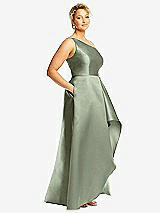 Side View Thumbnail - Sage One-Shoulder Satin Gown with Draped Front Slit and Pockets