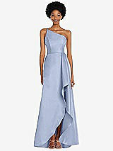 Alt View 1 Thumbnail - Sky Blue One-Shoulder Satin Gown with Draped Front Slit and Pockets