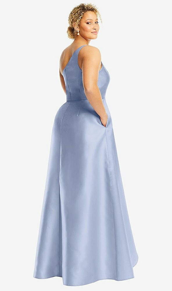 Back View - Sky Blue One-Shoulder Satin Gown with Draped Front Slit and Pockets