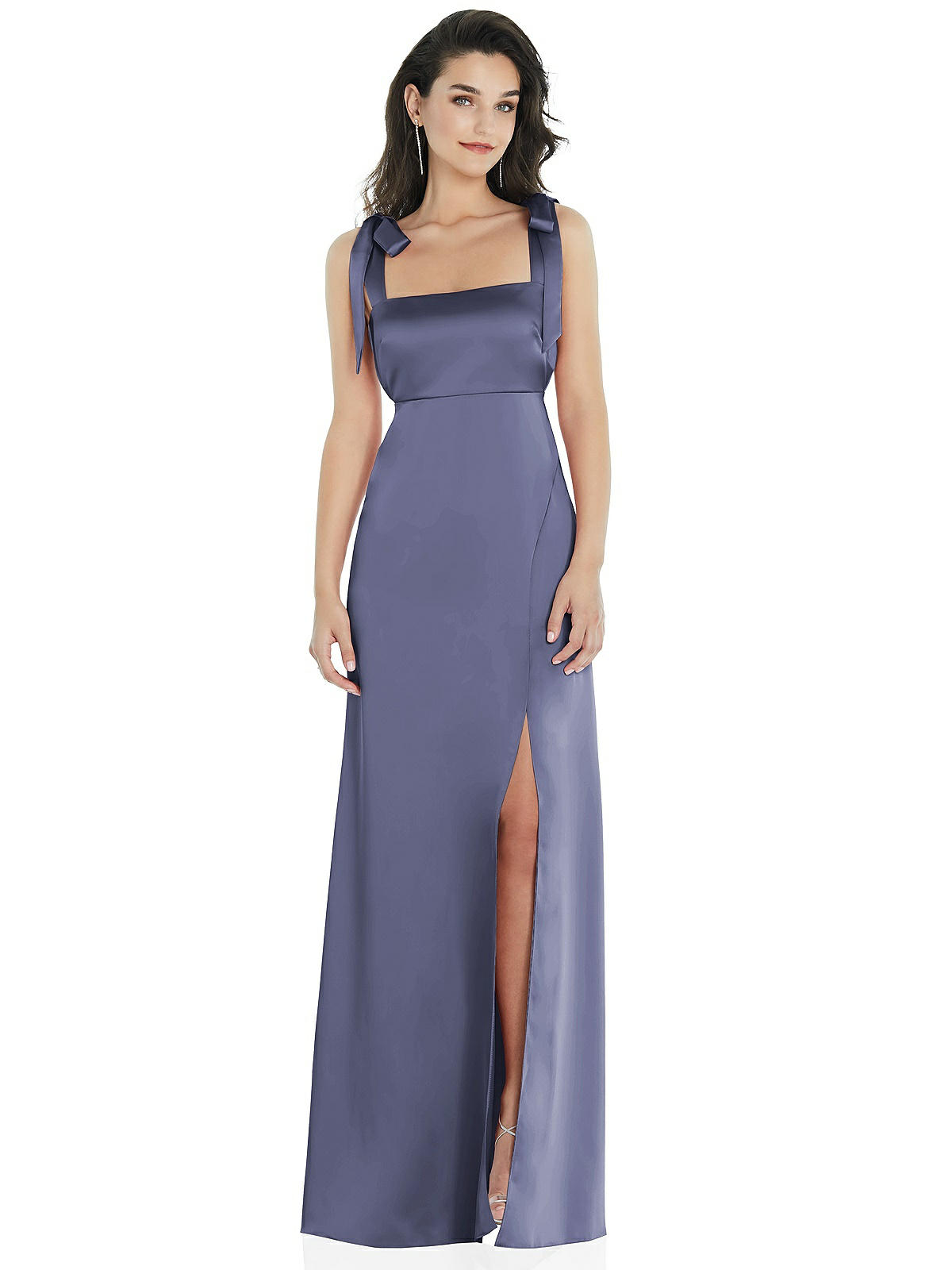 Flat Tie-shoulder Empire Waist Maxi Bridesmaid Dress With Front Slit In  French Blue