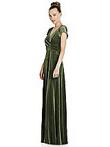 Side View Thumbnail - Olive Green Cap Sleeve Faux Wrap Velvet Maxi Dress with Pockets