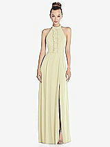 Front View Thumbnail - Butter Yellow Halter Backless Maxi Dress with Crystal Button Ruffle Placket