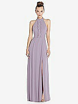 Front View Thumbnail - Lilac Haze Halter Backless Maxi Dress with Crystal Button Ruffle Placket
