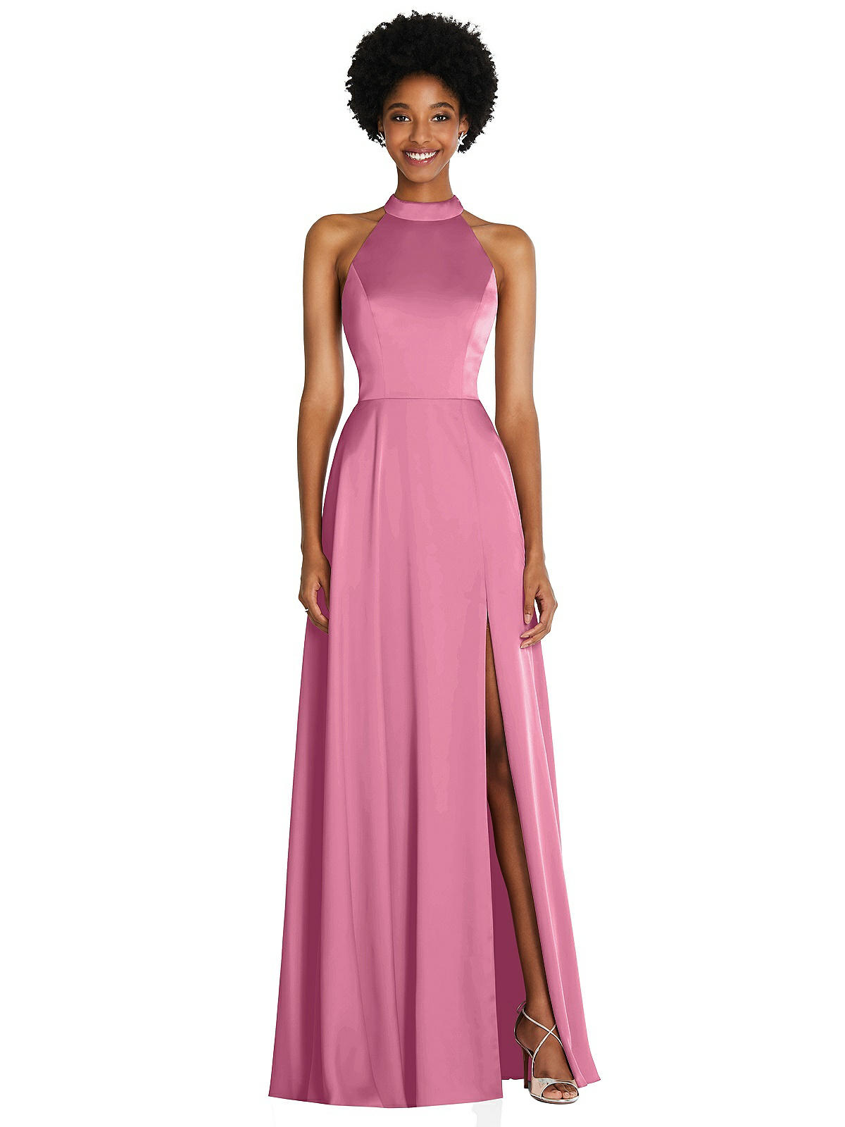 Stand Collar Cutout Tie Back Maxi Bridesmaid Dress With Front Slit In  Orchid Pink | The Dessy Group