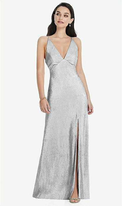 Deep V-neck Metallic Bridesmaid Dress With Convertible Straps In Silver | The Dessy Group Deep V-neck Metallic Bridesmaid Dress With Convertible Straps In Silver | The Dessy Group