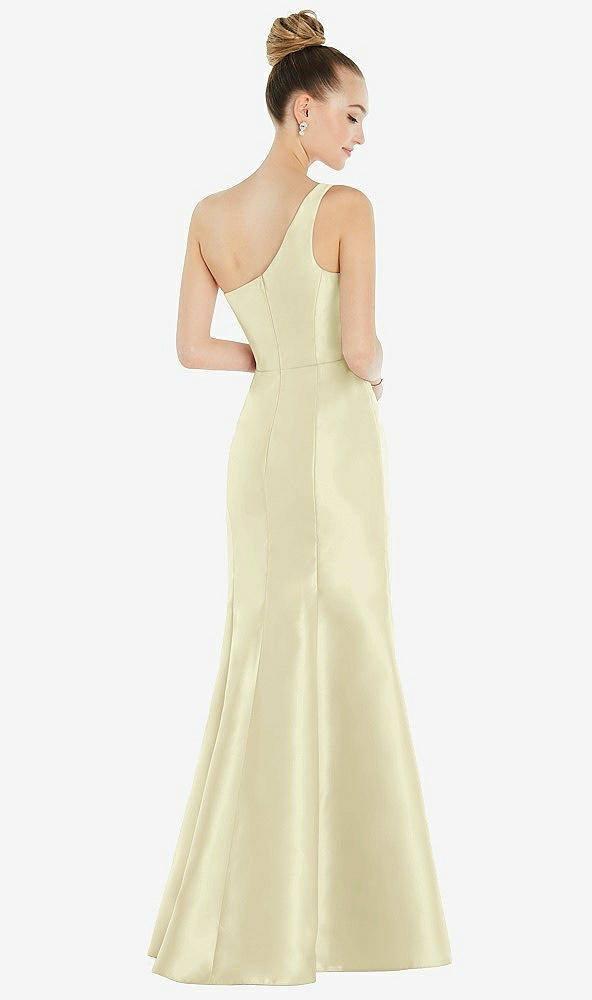 Back View - Butter Yellow Draped One-Shoulder Satin Trumpet Gown with Front Slit