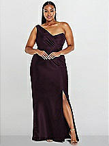 Alt View 1 Thumbnail - Deep Plum Draped One-Shoulder Satin Trumpet Gown with Front Slit
