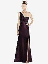 Front View Thumbnail - Deep Plum Draped One-Shoulder Satin Trumpet Gown with Front Slit