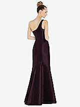 Rear View Thumbnail - Deep Plum Draped One-Shoulder Satin Trumpet Gown with Front Slit