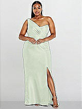 Alt View 1 Thumbnail - Mint Green Draped One-Shoulder Satin Trumpet Gown with Front Slit
