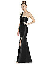 Side View Thumbnail - Black Draped One-Shoulder Satin Trumpet Gown with Front Slit