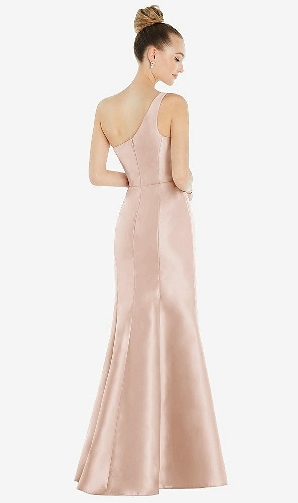 Back View - Cameo Draped One-Shoulder Satin Trumpet Gown with Front Slit