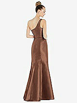 Rear View Thumbnail - Cognac Draped One-Shoulder Satin Trumpet Gown with Front Slit