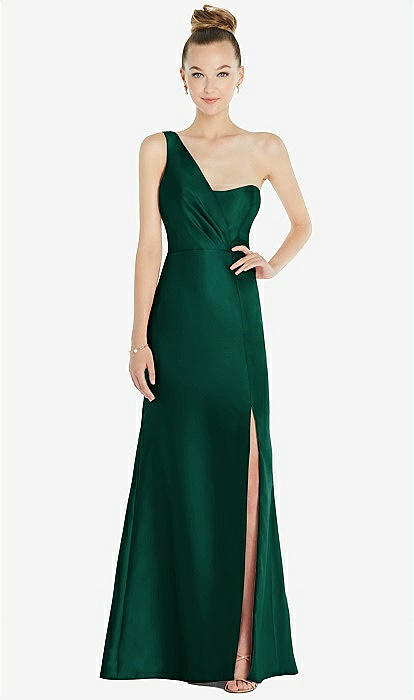 Draped One-shoulder Satin Trumpet Bridesmaid Dress With Front Slit In Hunter  Green | The Dessy Group