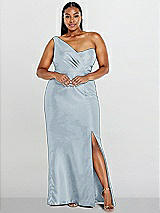 Alt View 1 Thumbnail - Mist Draped One-Shoulder Satin Trumpet Gown with Front Slit