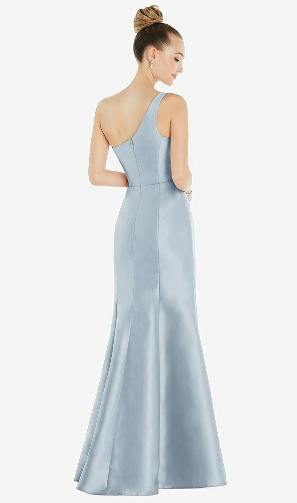 Back View - Mist Draped One-Shoulder Satin Trumpet Gown with Front Slit