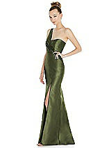 Side View Thumbnail - Olive Green Draped One-Shoulder Satin Trumpet Gown with Front Slit