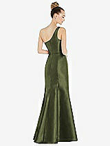 Rear View Thumbnail - Olive Green Draped One-Shoulder Satin Trumpet Gown with Front Slit