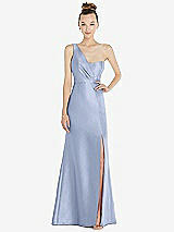 Front View Thumbnail - Sky Blue Draped One-Shoulder Satin Trumpet Gown with Front Slit