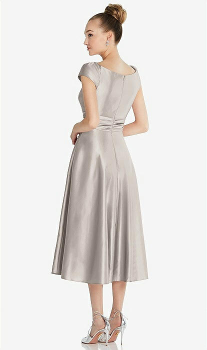 Cap Sleeve Faux Wrap Satin Midi Bridesmaid Dress With Pockets In Taupe |  The Dessy Group