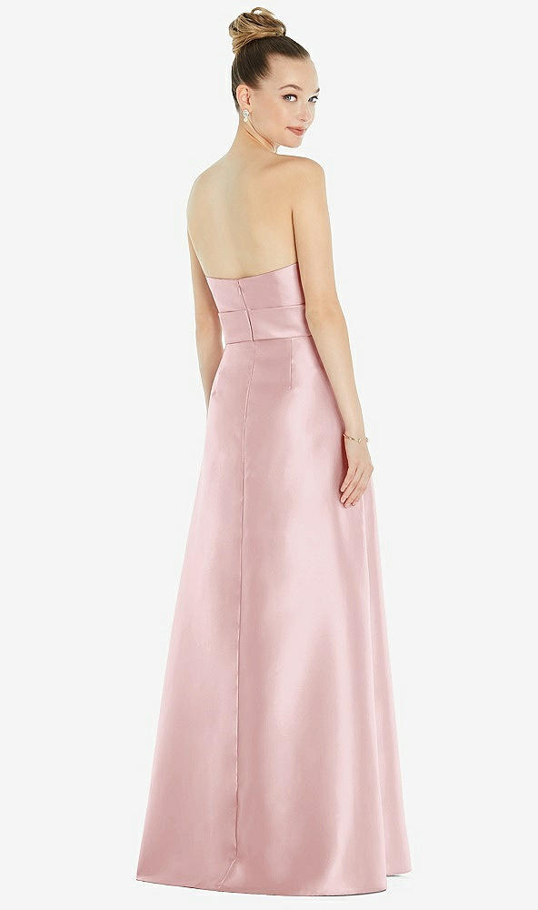 Back View - Ballet Pink Basque-Neck Strapless Satin Gown with Mini Sash