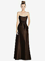 Front View Thumbnail - Espresso Basque-Neck Strapless Satin Gown with Mini Sash