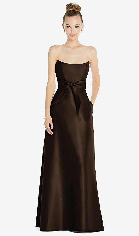 Front View - Espresso Basque-Neck Strapless Satin Gown with Mini Sash