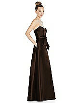 Side View Thumbnail - Espresso Basque-Neck Strapless Satin Gown with Mini Sash